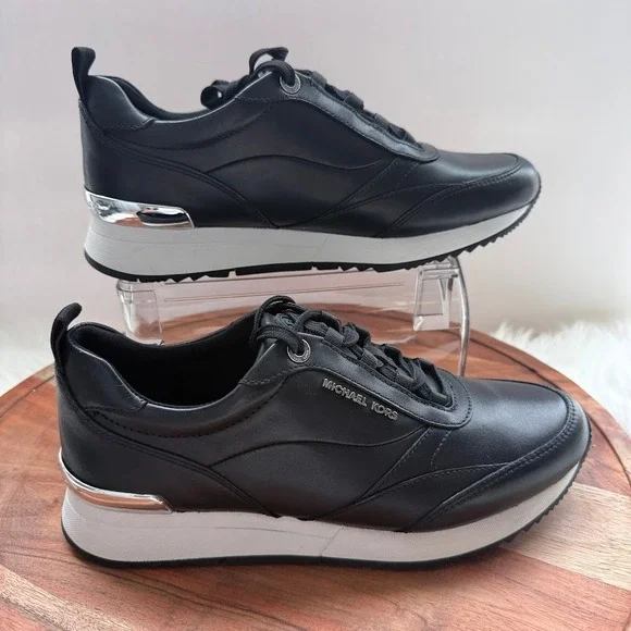 Michael Kors Allie Strider Size 8M Black Silver Sneakers Size 8 Leather Shoes - Picture 1 of 14